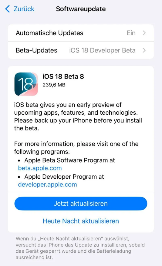 海西直辖苹果手机维修分享苹果 iOS / iPadOS 18 开发者预览版 Beta 8 发布 